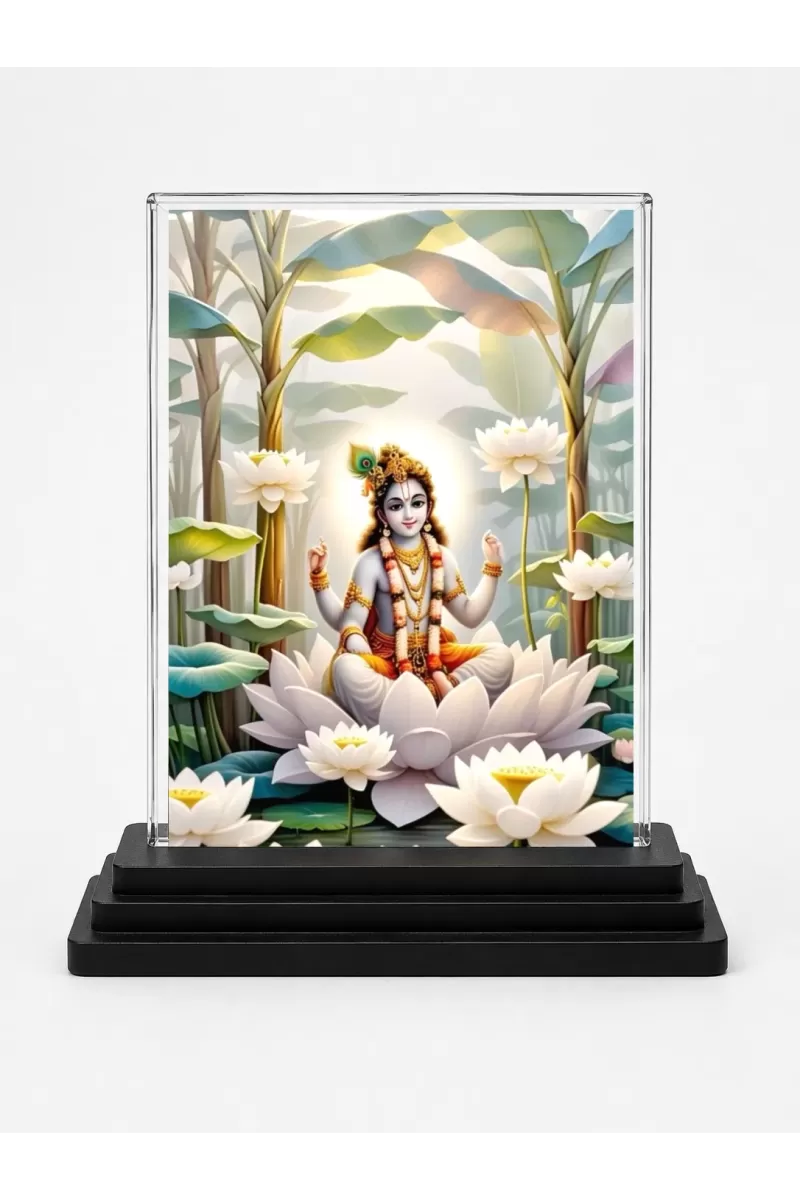 Krishna Acrylic Car Dashboard Showpiece | Double-Sided Krishna Photo Stand | 3 X 4 Inch Photo | Transparent Acrylic Frame With Black Base | Car Dashboard, Office & Table Decor (F71924)
