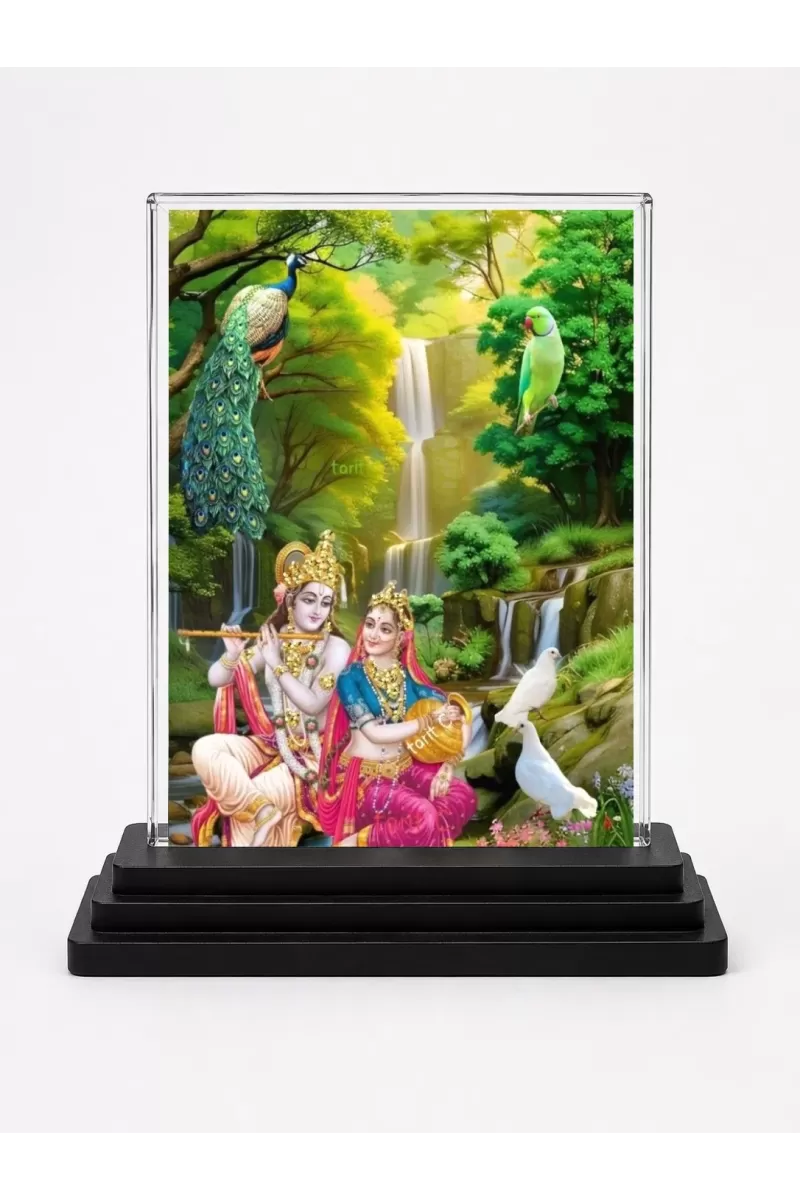 Krishna And Radha Acrylic Car Dashboard Showpiece | Double-Sided Krishna And Radha Photo Stand | 3 X 4 Inch Photo | Transparent Acrylic Frame With Black Base | Car Dashboard, Office & Table Decor (F71925)