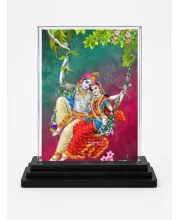 Radha Krishna Acrylic Car Dashboard Showpiece | Double-Sided Radha Krishna Photo Stand | 3 X 4 Inch Photo | Transparent Acrylic Frame With Black Base | Car Dashboard, Office & Table Decor (F71926)