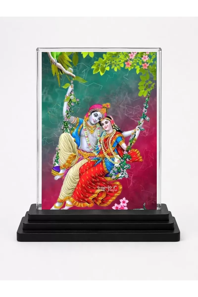 Radha Krishna Acrylic Car Dashboard Showpiece | Double-Sided Radha Krishna Photo Stand | 3 X 4 Inch Photo | Transparent Acrylic Frame With Black Base | Car Dashboard, Office & Table Decor (F71926)