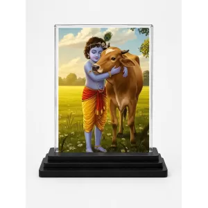 Krishna Acrylic Car Dashboard Showpiece | Double-Sided Krishna Photo Stand | 3 X 4 Inch Photo | Transparent Acrylic Frame With Black Base | Car Dashboard, Office & Table Decor (F71929)