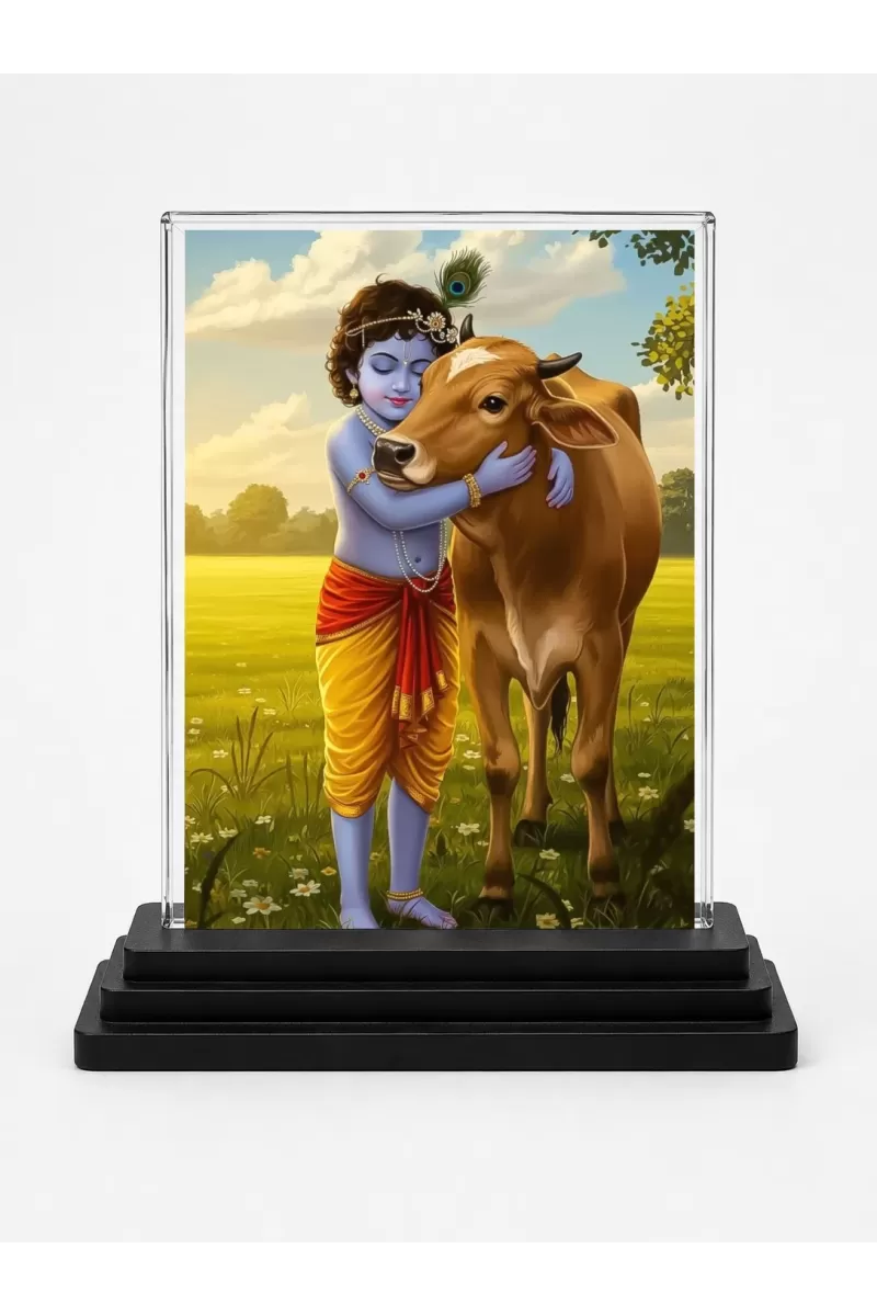 Krishna Acrylic Car Dashboard Showpiece | Double-Sided Krishna Photo Stand | 3 X 4 Inch Photo | Transparent Acrylic Frame With Black Base | Car Dashboard, Office & Table Decor (F71929)