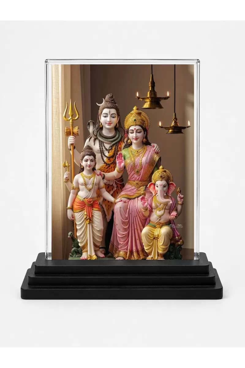 Shiva Family Acrylic Car Dashboard Showpiece | Double-Sided Shiva Family Photo Stand | 3 X 4 Inch Photo | Transparent Acrylic Frame With Black Base | Car Dashboard, Office & Table Decor (F71931)