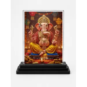Ganesha Acrylic Car Dashboard Showpiece | Double-Sided Ganesha Photo Stand | 3 X 4 Inch Photo | Transparent Acrylic Frame With Black Base | Car Dashboard, Office & Table Decor (F71932)
