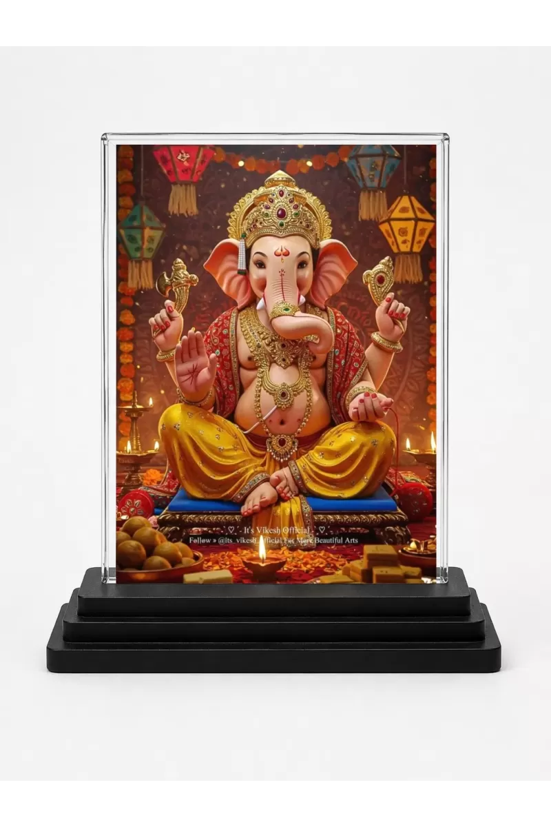 Ganesha Acrylic Car Dashboard Showpiece | Double-Sided Ganesha Photo Stand | 3 X 4 Inch Photo | Transparent Acrylic Frame With Black Base | Car Dashboard, Office & Table Decor (F71932)