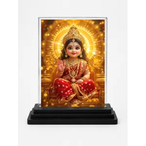 Lakshmi Acrylic Car Dashboard Showpiece | Double-Sided Lakshmi Photo Stand | 3 X 4 Inch Photo | Transparent Acrylic Frame With Black Base | Car Dashboard, Office & Table Decor (F71933)