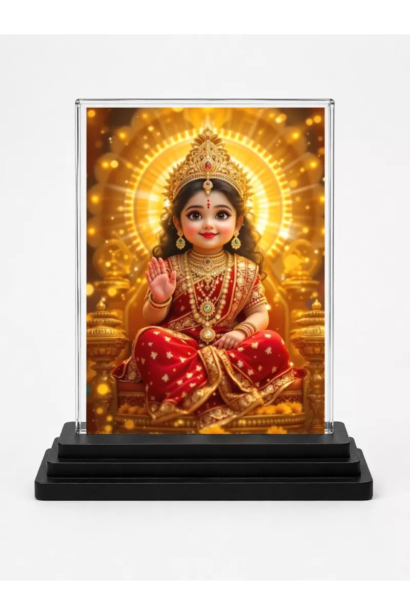 Lakshmi Acrylic Car Dashboard Showpiece | Double-Sided Lakshmi Photo Stand | 3 X 4 Inch Photo | Transparent Acrylic Frame With Black Base | Car Dashboard, Office & Table Decor (F71933)