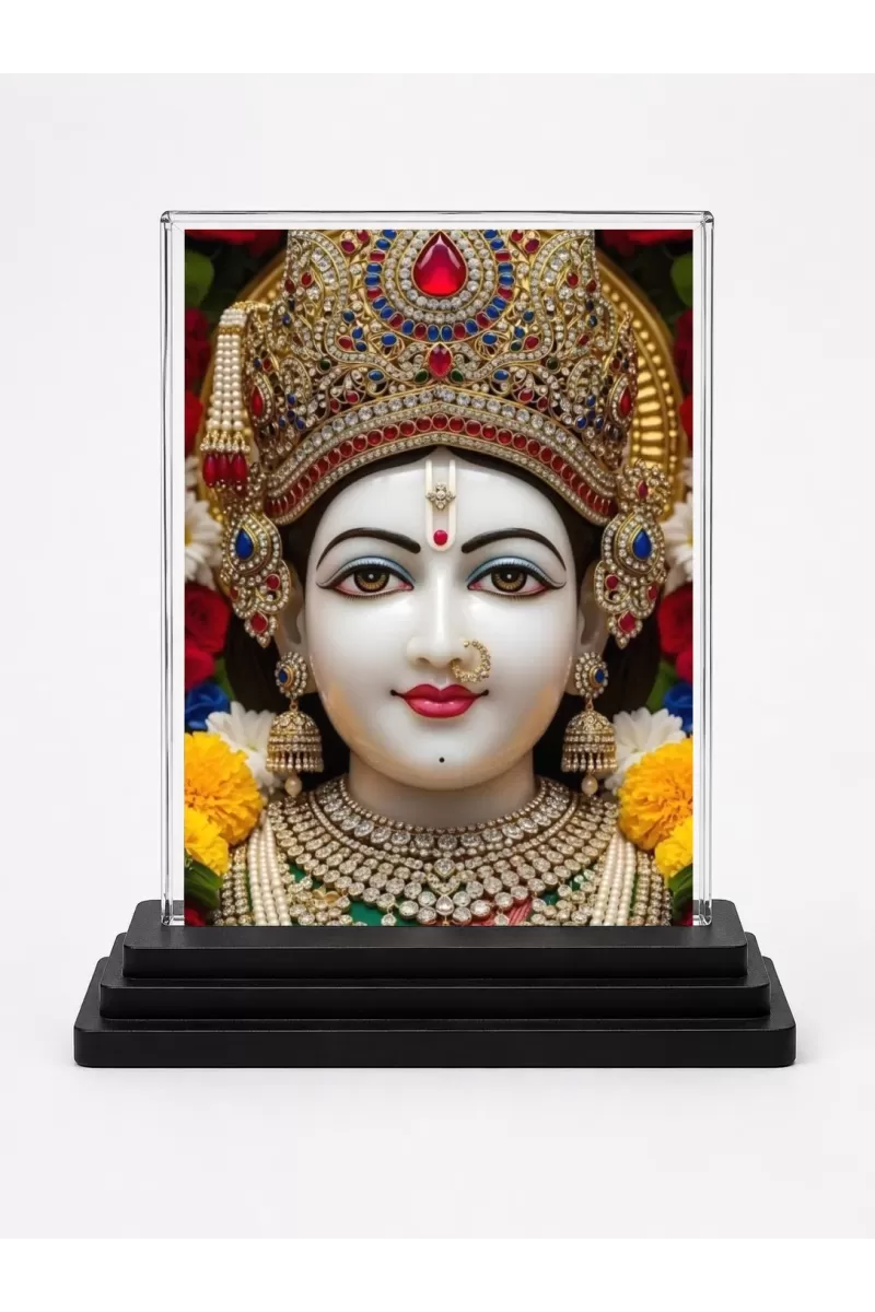 Goddess Lakshmi Acrylic Car Dashboard Showpiece | Double-Sided Goddess Lakshmi Photo Stand | 3 X 4 Inch Photo | Transparent Acrylic Frame With Black Base | Car Dashboard, Office & Table Decor (F71934)