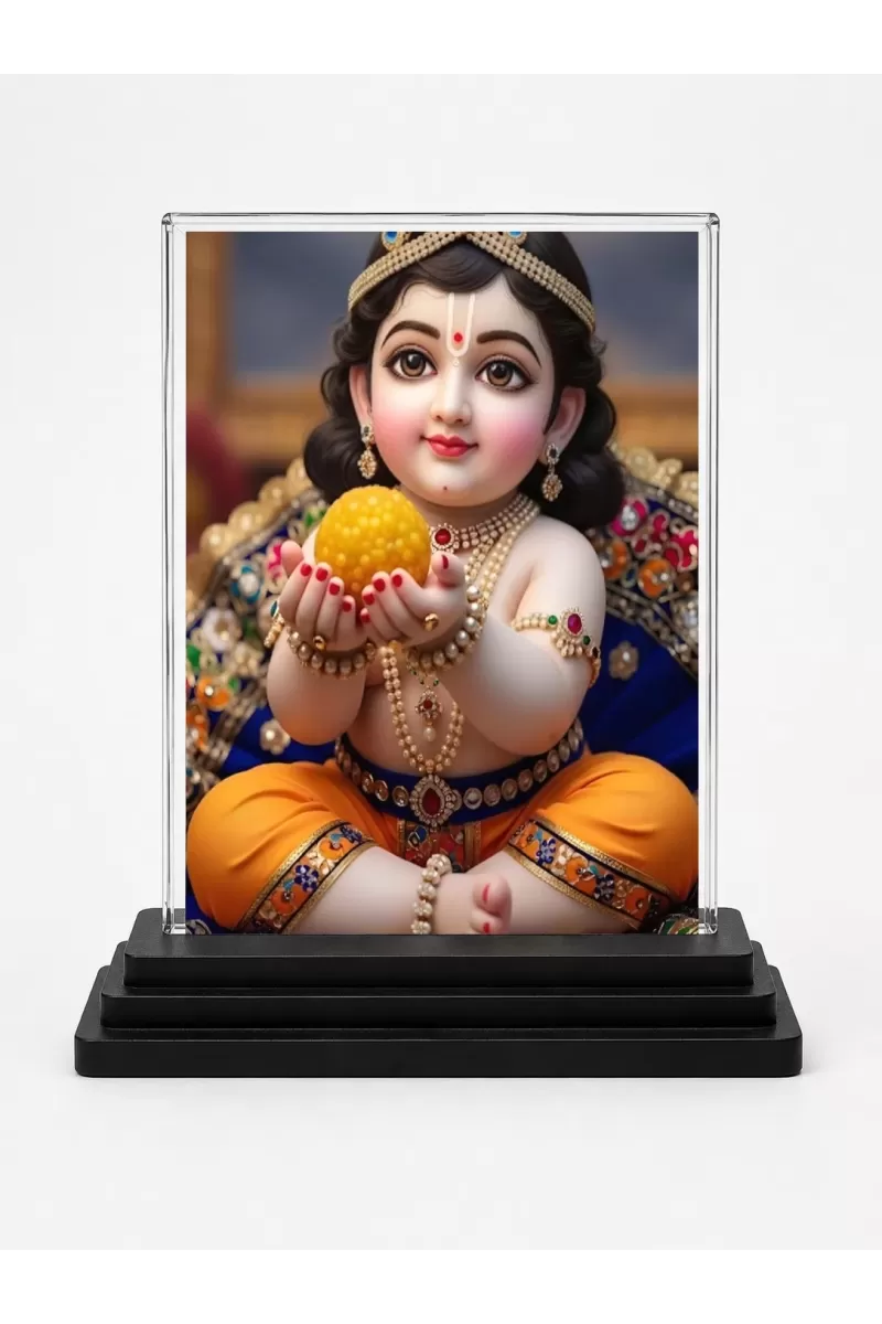 Lord Krishna Acrylic Car Dashboard Showpiece | Double-Sided Lord Krishna Photo Stand | 3 X 4 Inch Photo | Transparent Acrylic Frame With Black Base | Car Dashboard, Office & Table Decor (F71936)