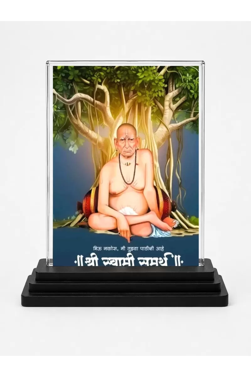 Swami Samarth Acrylic Car Dashboard Showpiece | Double-Sided Swami Samarth Photo Stand | 3 X 4 Inch Photo | Transparent Acrylic Frame With Black Base | Car Dashboard, Office & Table Decor (F71939)