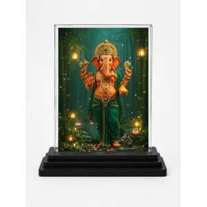 Ganesha Acrylic Car Dashboard Showpiece | Double-Sided Ganesha Photo Stand | 3 X 4 Inch Photo | Transparent Acrylic Frame With Black Base | Car Dashboard, Office & Table Decor (F71941)