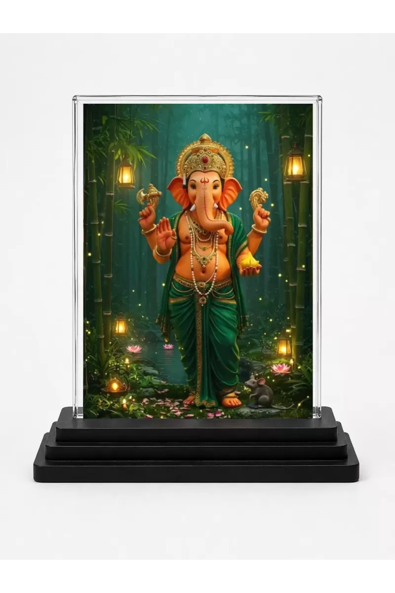 Ganesha Acrylic Car Dashboard Showpiece | Double-Sided Ganesha Photo Stand | 3 X 4 Inch Photo | Transparent Acrylic Frame With Black Base | Car Dashboard, Office & Table Decor (F71941)