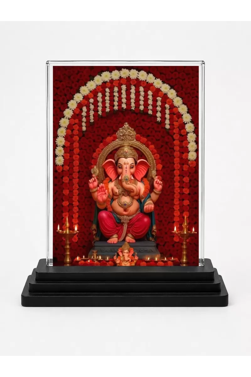 Ganesha Acrylic Car Dashboard Showpiece | Double-Sided Ganesha Photo Stand | 3 X 4 Inch Photo | Transparent Acrylic Frame With Black Base | Car Dashboard, Office & Table Decor (F71942)