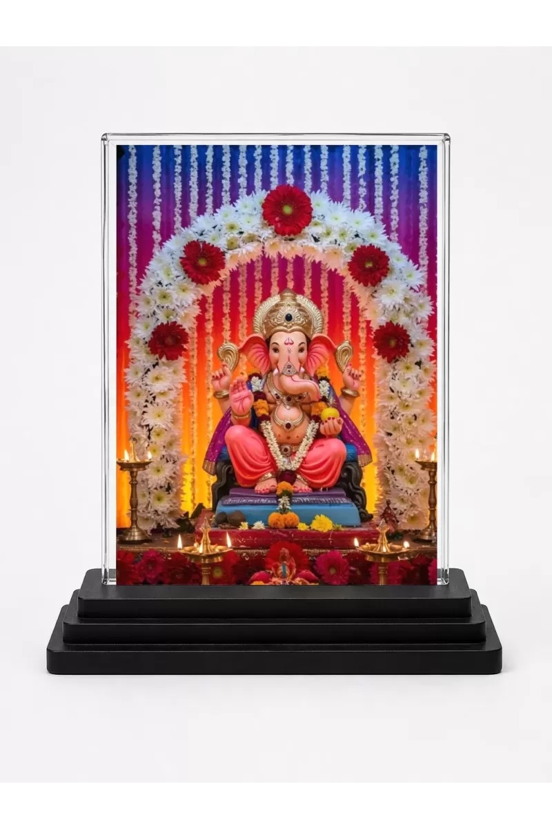 Ganesha Acrylic Car Dashboard Showpiece | Double-Sided Ganesha Photo Stand | 3 X 4 Inch Photo | Transparent Acrylic Frame With Black Base | Car Dashboard, Office & Table Decor (F71943)