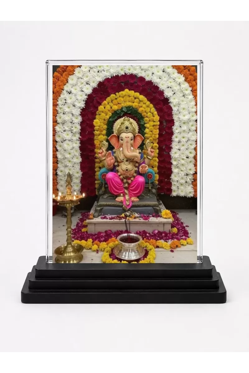 Ganesha Acrylic Car Dashboard Showpiece | Double-Sided Ganesha Photo Stand | 3 X 4 Inch Photo | Transparent Acrylic Frame With Black Base | Car Dashboard, Office & Table Decor (F71944)
