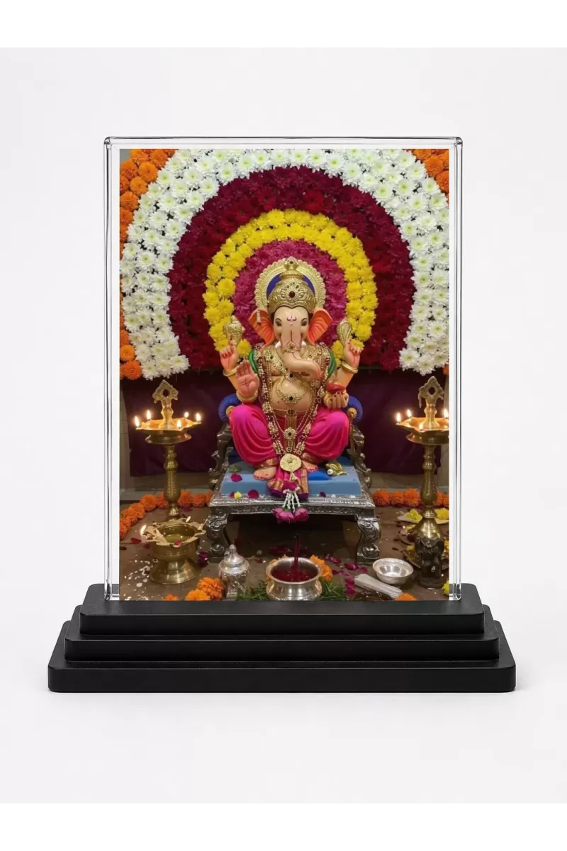 Ganesha Acrylic Car Dashboard Showpiece | Double-Sided Ganesha Photo Stand | 3 X 4 Inch Photo | Transparent Acrylic Frame With Black Base | Car Dashboard, Office & Table Decor (F71945)