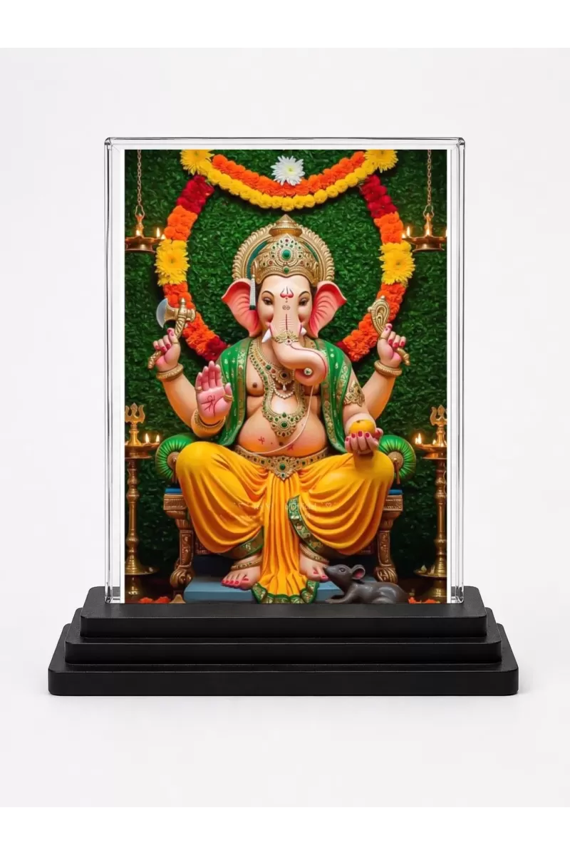 Ganesha Acrylic Car Dashboard Showpiece | Double-Sided Ganesha Photo Stand | 3 X 4 Inch Photo | Transparent Acrylic Frame With Black Base | Car Dashboard, Office & Table Decor (F71946)