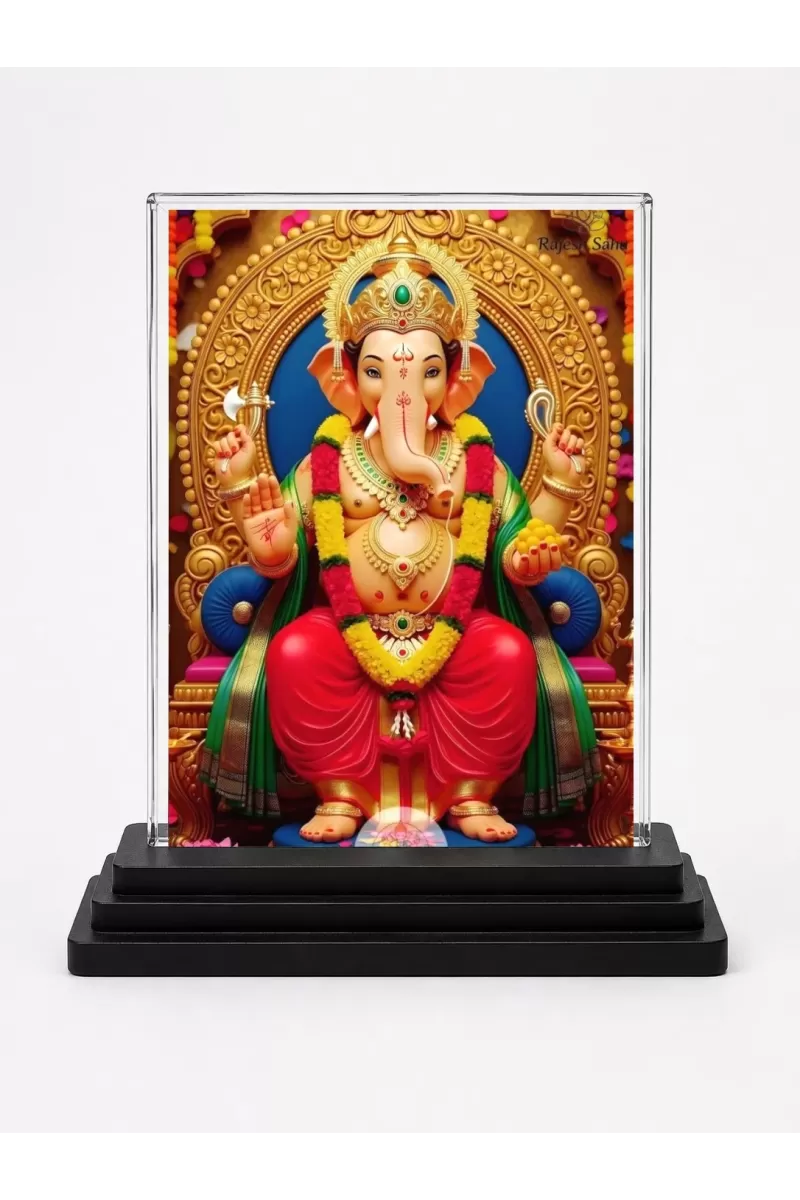 Ganesha Acrylic Car Dashboard Showpiece | Double-Sided Ganesha Photo Stand | 3 X 4 Inch Photo | Transparent Acrylic Frame With Black Base | Car Dashboard, Office & Table Decor (F71947)