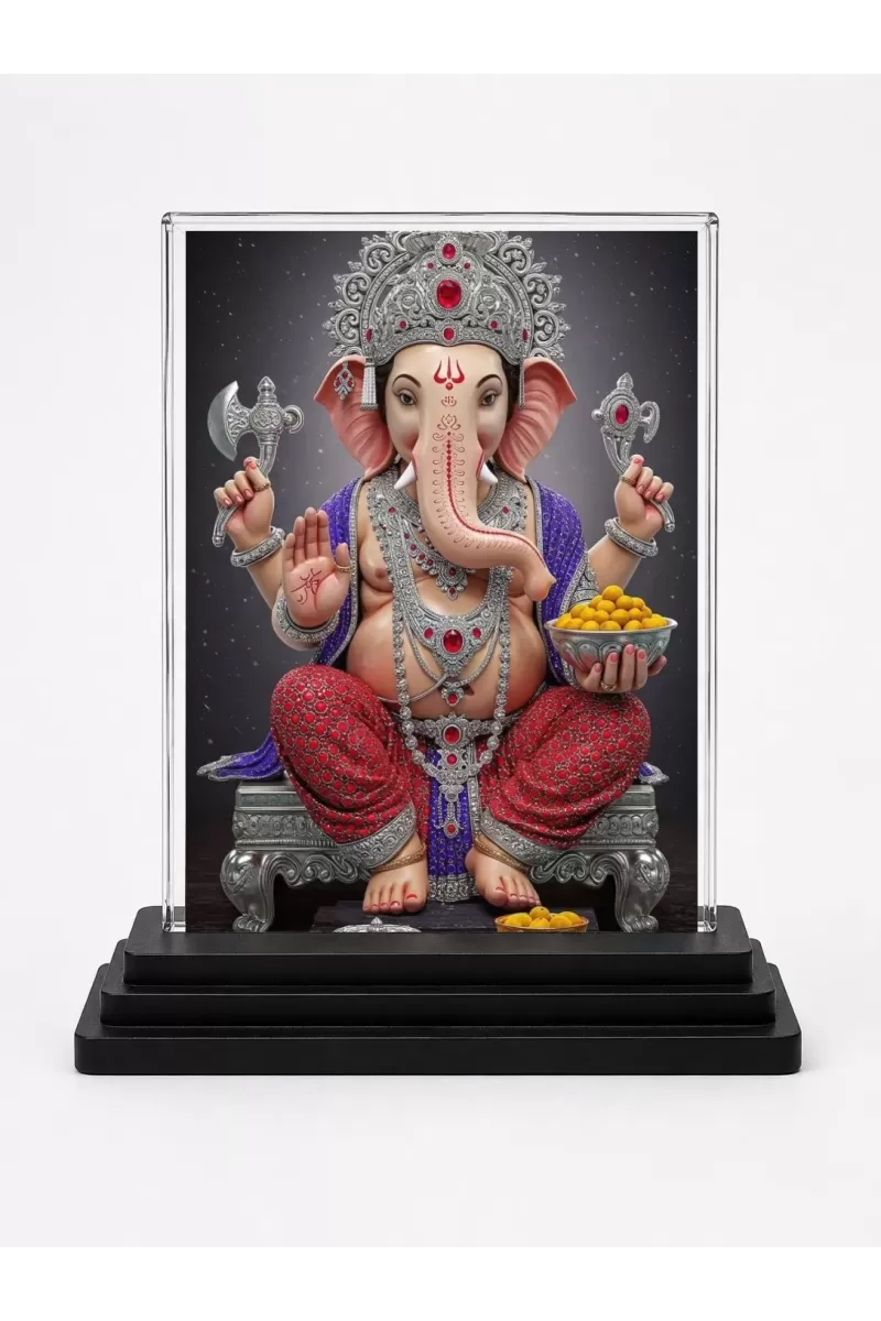 Ganesha Acrylic Car Dashboard Showpiece | Double-Sided Ganesha Photo Stand | 3 X 4 Inch Photo | Transparent Acrylic Frame With Black Base | Car Dashboard, Office & Table Decor (F71948)