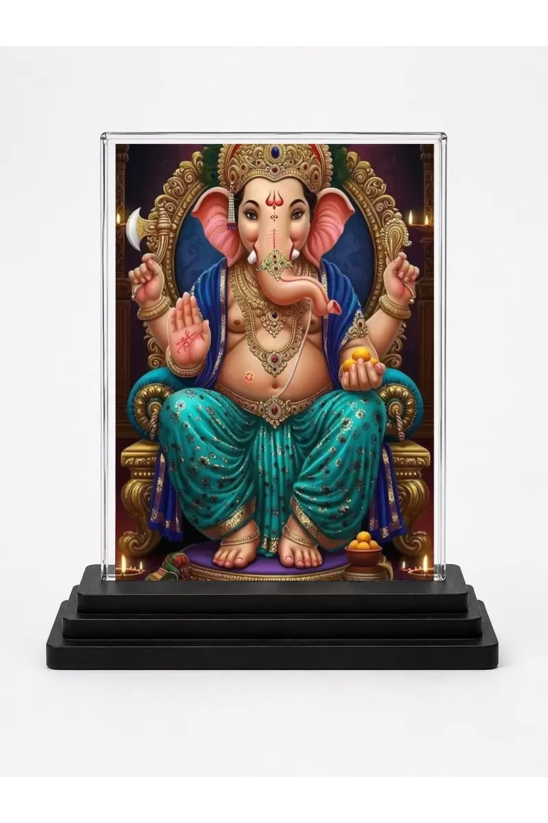 Ganesha Acrylic Car Dashboard Showpiece | Double-Sided Ganesha Photo Stand | 3 X 4 Inch Photo | Transparent Acrylic Frame With Black Base | Car Dashboard, Office & Table Decor (F71949)