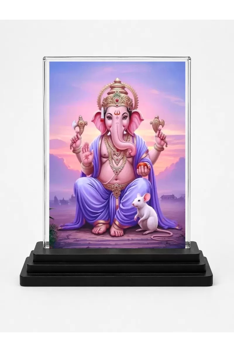 Ganesha Acrylic Car Dashboard Showpiece | Double-Sided Ganesha Photo Stand | 3 X 4 Inch Photo | Transparent Acrylic Frame With Black Base | Car Dashboard, Office & Table Decor (F71950)