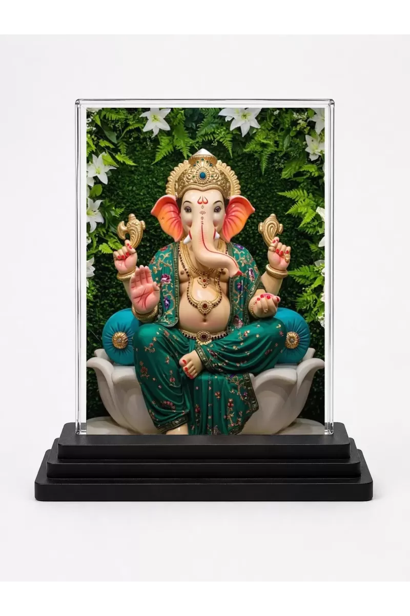 Ganesha Acrylic Car Dashboard Showpiece | Double-Sided Ganesha Photo Stand | 3 X 4 Inch Photo | Transparent Acrylic Frame With Black Base | Car Dashboard, Office & Table Decor (F71951)