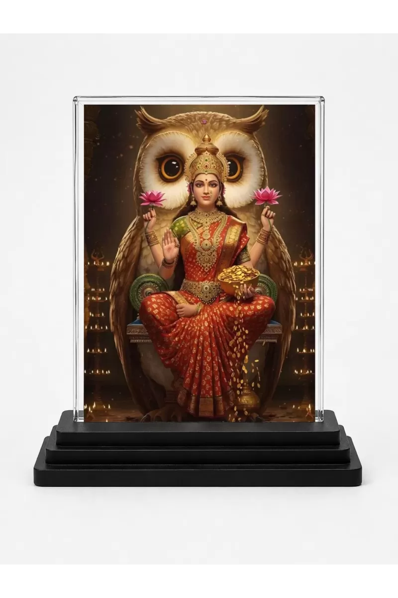 Lakshmi Acrylic Car Dashboard Showpiece | Double-Sided Lakshmi Photo Stand | 3 X 4 Inch Photo | Transparent Acrylic Frame With Black Base | Car Dashboard, Office & Table Decor (F71953)