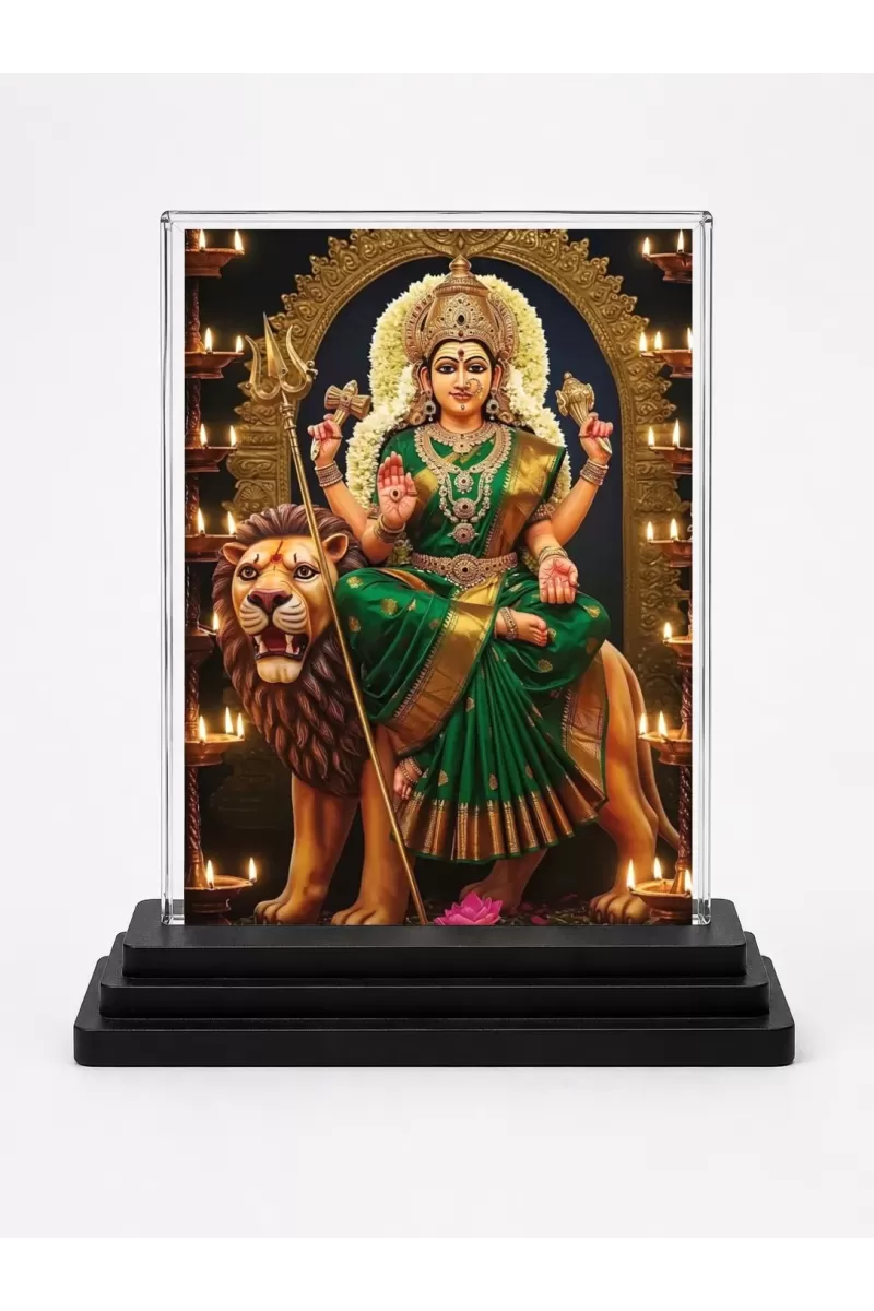 Durga Acrylic Car Dashboard Showpiece | Double-Sided Durga Photo Stand | 3 X 4 Inch Photo | Transparent Acrylic Frame With Black Base | Car Dashboard, Office & Table Decor (F71954)