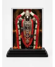 Lord Venkateswara Acrylic Car Dashboard Showpiece | Double-Sided Lord Venkateswara Photo Stand | 3 X 4 Inch Photo | Transparent Acrylic Frame With Black Base | Car Dashboard, Office & Table Decor (F71955)