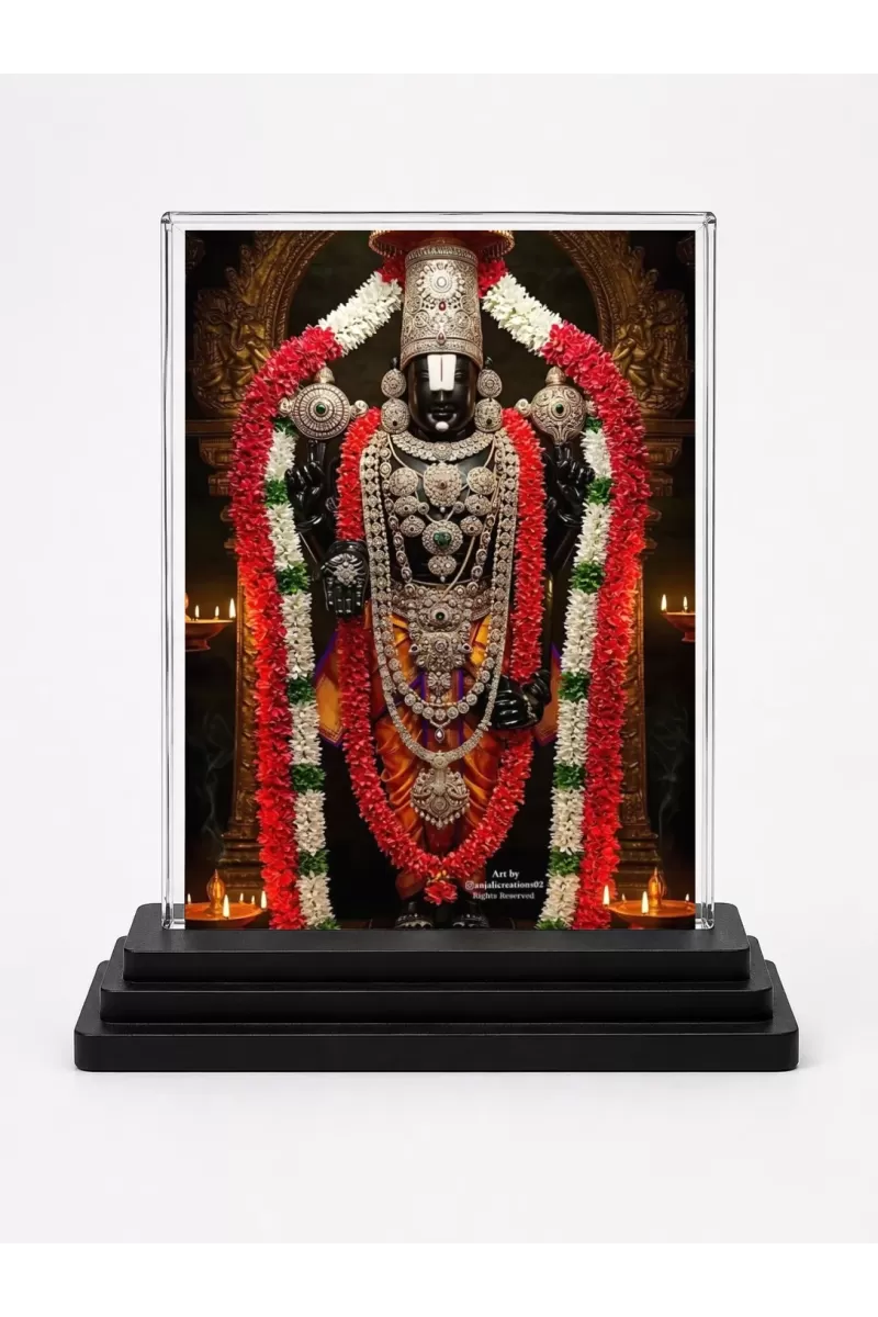 Lord Venkateswara Acrylic Car Dashboard Showpiece | Double-Sided Lord Venkateswara Photo Stand | 3 X 4 Inch Photo | Transparent Acrylic Frame With Black Base | Car Dashboard, Office & Table Decor (F71955)