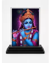 Lord Krishna Acrylic Car Dashboard Showpiece | Double-Sided Lord Krishna Photo Stand | 3 X 4 Inch Photo | Transparent Acrylic Frame With Black Base | Car Dashboard, Office & Table Decor (F71956)