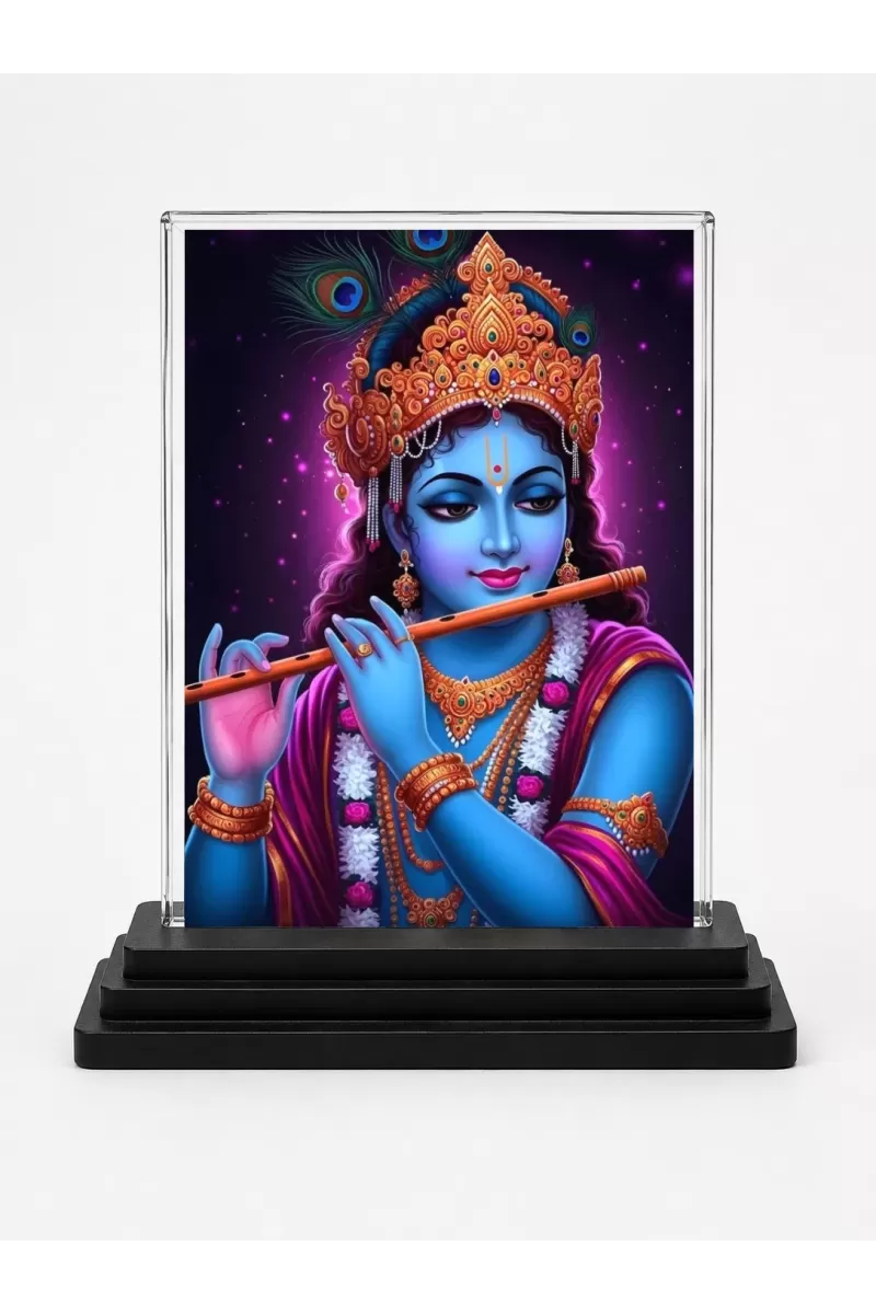 Lord Krishna Acrylic Car Dashboard Showpiece | Double-Sided Lord Krishna Photo Stand | 3 X 4 Inch Photo | Transparent Acrylic Frame With Black Base | Car Dashboard, Office & Table Decor (F71956)