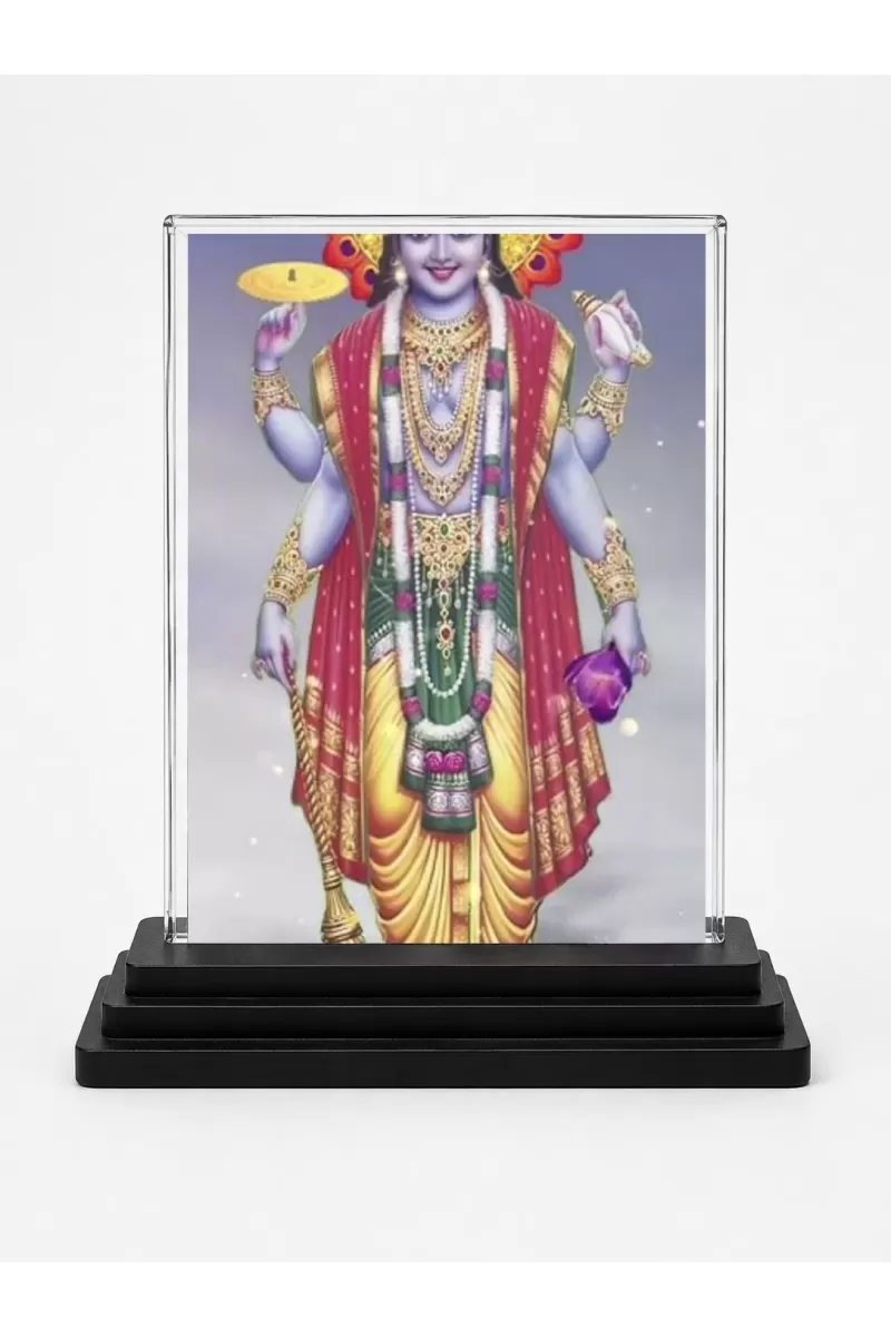 Vishnu Acrylic Car Dashboard Showpiece | Double-Sided Vishnu Photo Stand | 3 X 4 Inch Photo | Transparent Acrylic Frame With Black Base | Car Dashboard, Office & Table Decor (F71957)