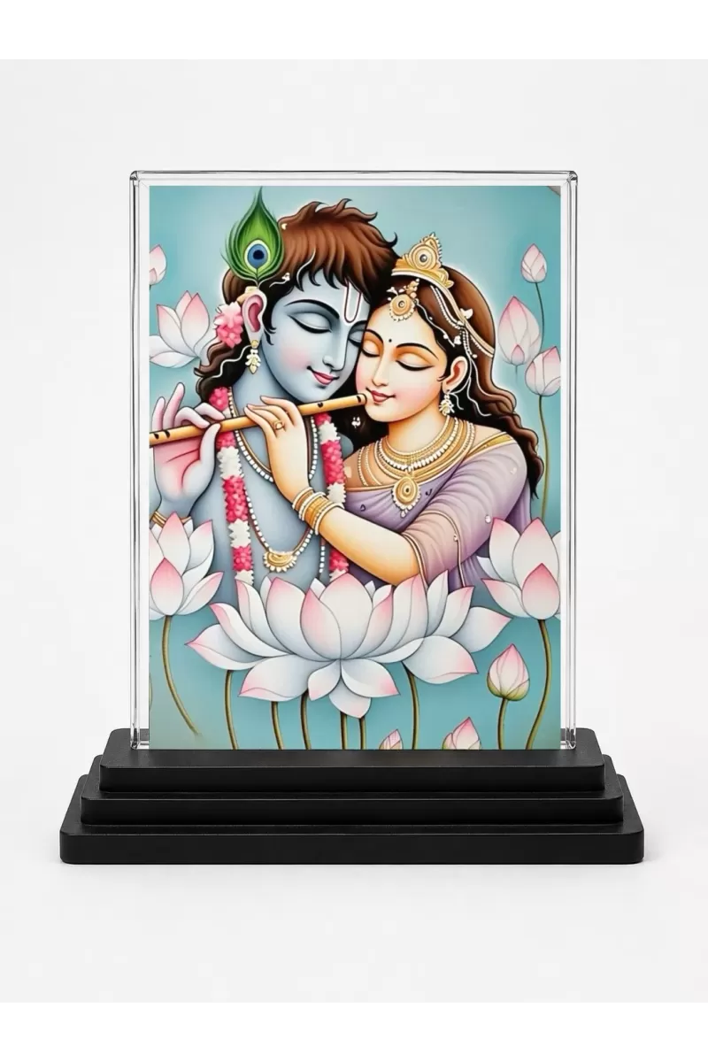 Krishna And Radha Acrylic Car Dashboard Showpiece | Double-Sided Krishna And Radha Photo Stand | 3 X 4 Inch Photo | Transparent Acrylic Frame With Black Base | Car Dashboard, Office & Table Decor (F71958)
