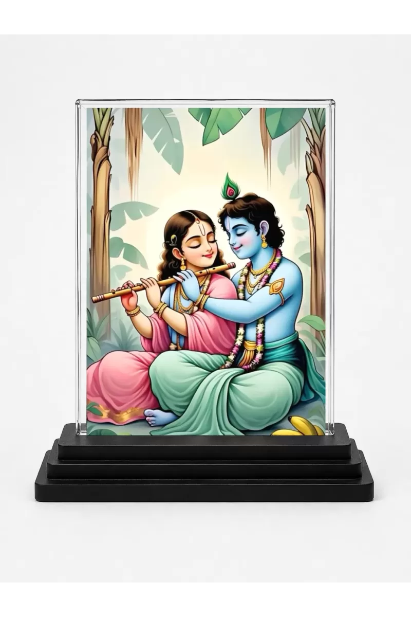 Krishna And Radha Acrylic Car Dashboard Showpiece | Double-Sided Krishna And Radha Photo Stand | 3 X 4 Inch Photo | Transparent Acrylic Frame With Black Base | Car Dashboard, Office & Table Decor (F71959)