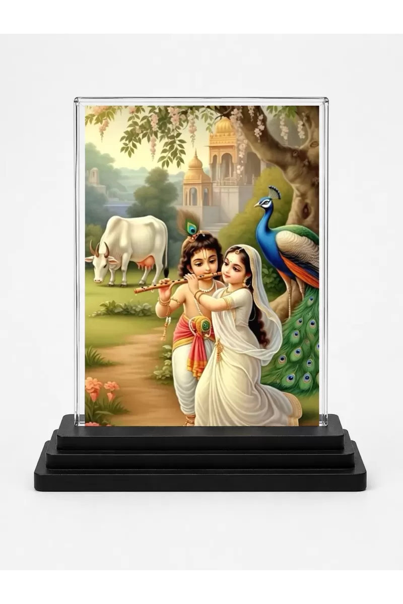 Krishna Acrylic Car Dashboard Showpiece | Double-Sided Krishna Photo Stand | 3 X 4 Inch Photo | Transparent Acrylic Frame With Black Base | Car Dashboard, Office & Table Decor (F71960)