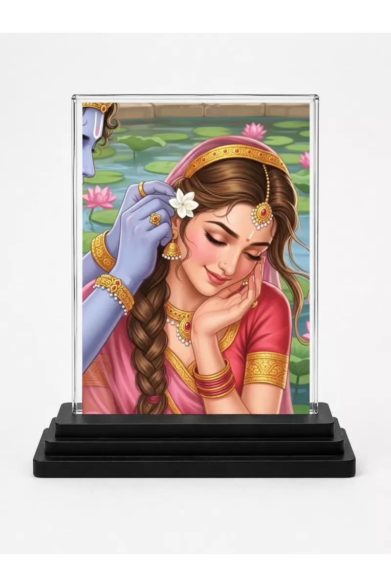 Radha Acrylic Car Dashboard Showpiece | Double-Sided Radha Photo Stand | 3 X 4 Inch Photo | Transparent Acrylic Frame With Black Base | Car Dashboard, Office & Table Decor (F71961)