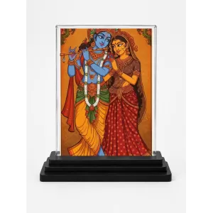 Krishna And Radha Acrylic Car Dashboard Showpiece | Double-Sided Krishna And Radha Photo Stand | 3 X 4 Inch Photo | Transparent Acrylic Frame With Black Base | Car Dashboard, Office & Table Decor (F71962)
