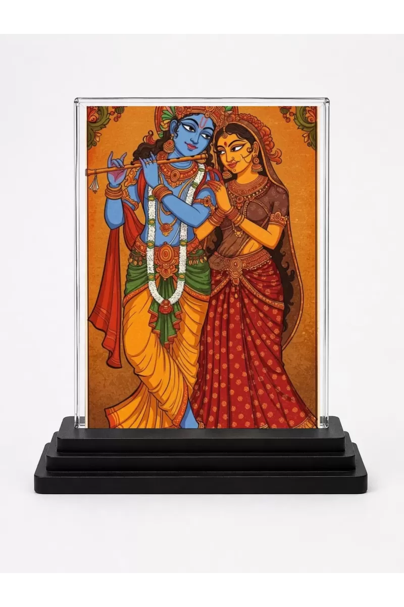 Krishna And Radha Acrylic Car Dashboard Showpiece | Double-Sided Krishna And Radha Photo Stand | 3 X 4 Inch Photo | Transparent Acrylic Frame With Black Base | Car Dashboard, Office & Table Decor (F71962)
