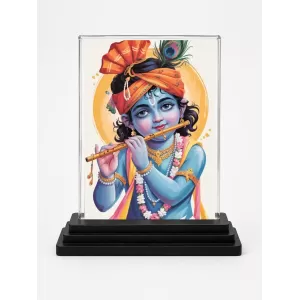 Krishna Acrylic Car Dashboard Showpiece | Double-Sided Krishna Photo Stand | 3 X 4 Inch Photo | Transparent Acrylic Frame With Black Base | Car Dashboard, Office & Table Decor (F71963)