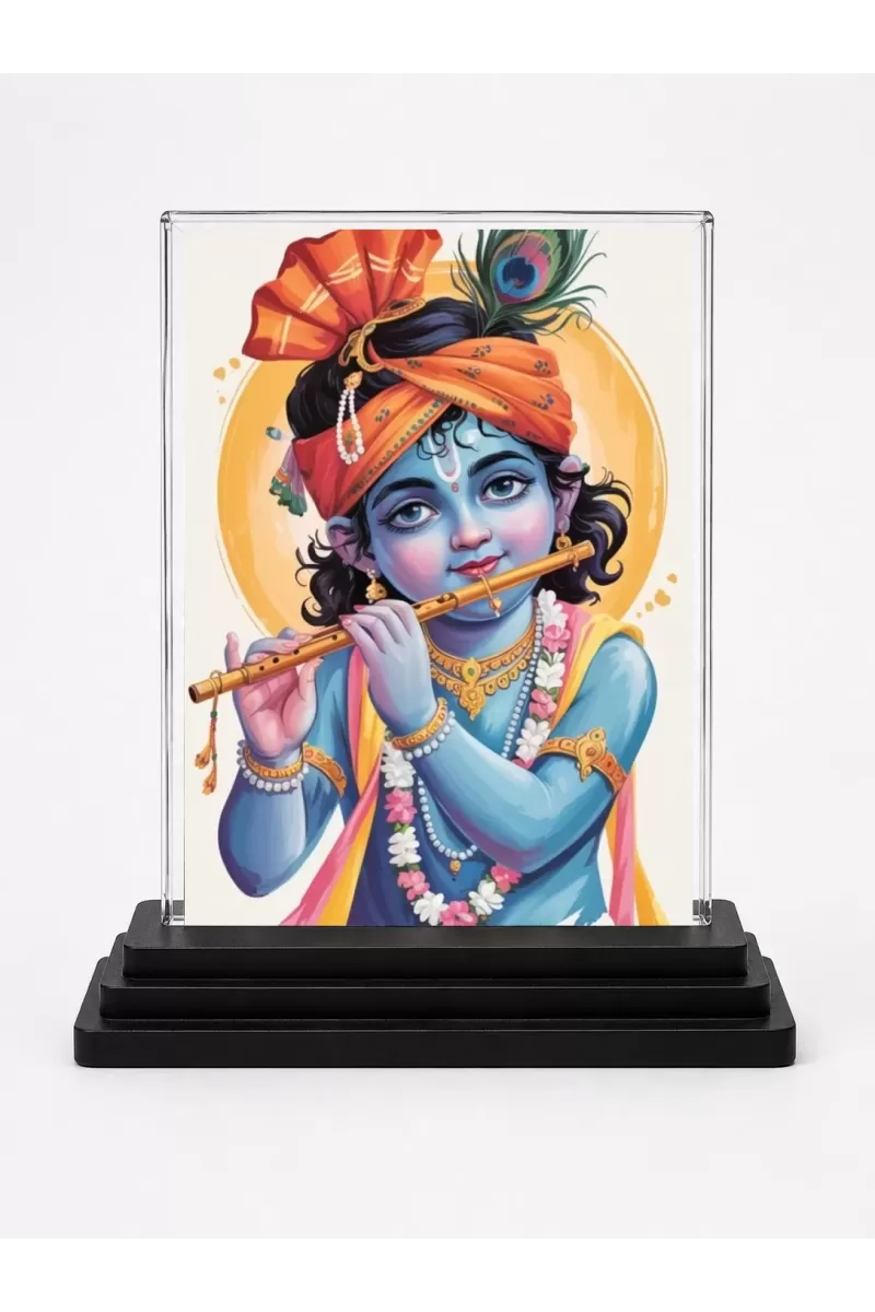 Krishna Acrylic Car Dashboard Showpiece | Double-Sided Krishna Photo Stand | 3 X 4 Inch Photo | Transparent Acrylic Frame With Black Base | Car Dashboard, Office & Table Decor (F71963)