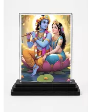 Krishna And Radha Acrylic Car Dashboard Showpiece | Double-Sided Krishna And Radha Photo Stand | 3 X 4 Inch Photo | Transparent Acrylic Frame With Black Base | Car Dashboard, Office & Table Decor (F71964)