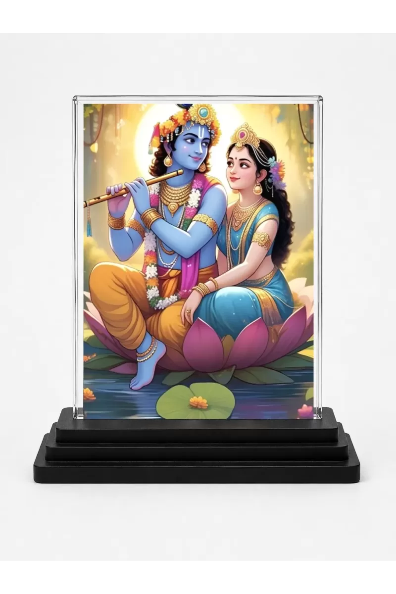 Krishna And Radha Acrylic Car Dashboard Showpiece | Double-Sided Krishna And Radha Photo Stand | 3 X 4 Inch Photo | Transparent Acrylic Frame With Black Base | Car Dashboard, Office & Table Decor (F71964)