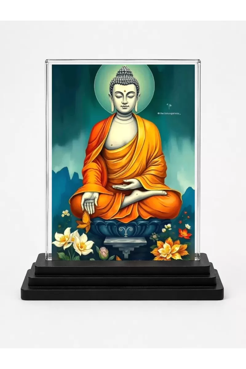Buddha Acrylic Car Dashboard Showpiece | Double-Sided Buddha Photo Stand | 3 X 4 Inch Photo | Transparent Acrylic Frame With Black Base | Car Dashboard, Office & Table Decor (F71967)