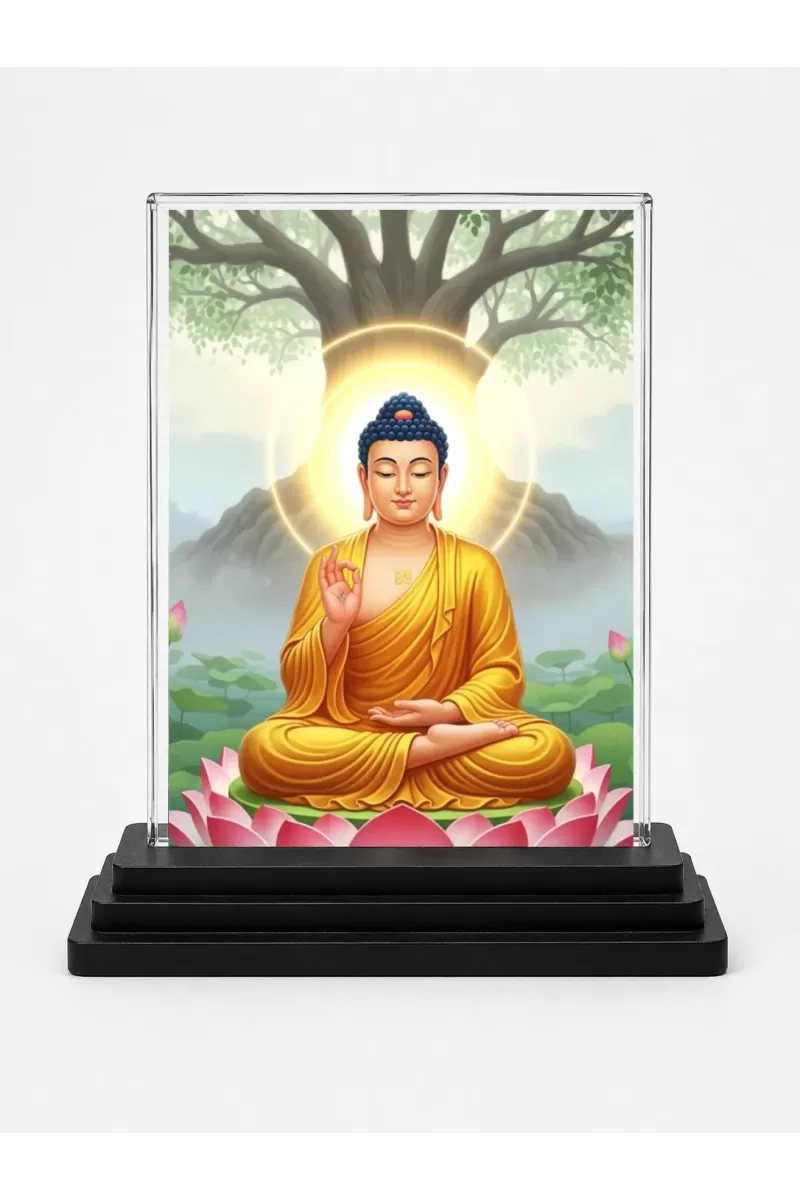 Buddha Acrylic Car Dashboard Showpiece | Double-Sided Buddha Photo Stand | 3 X 4 Inch Photo | Transparent Acrylic Frame With Black Base | Car Dashboard, Office & Table Decor (F71968)