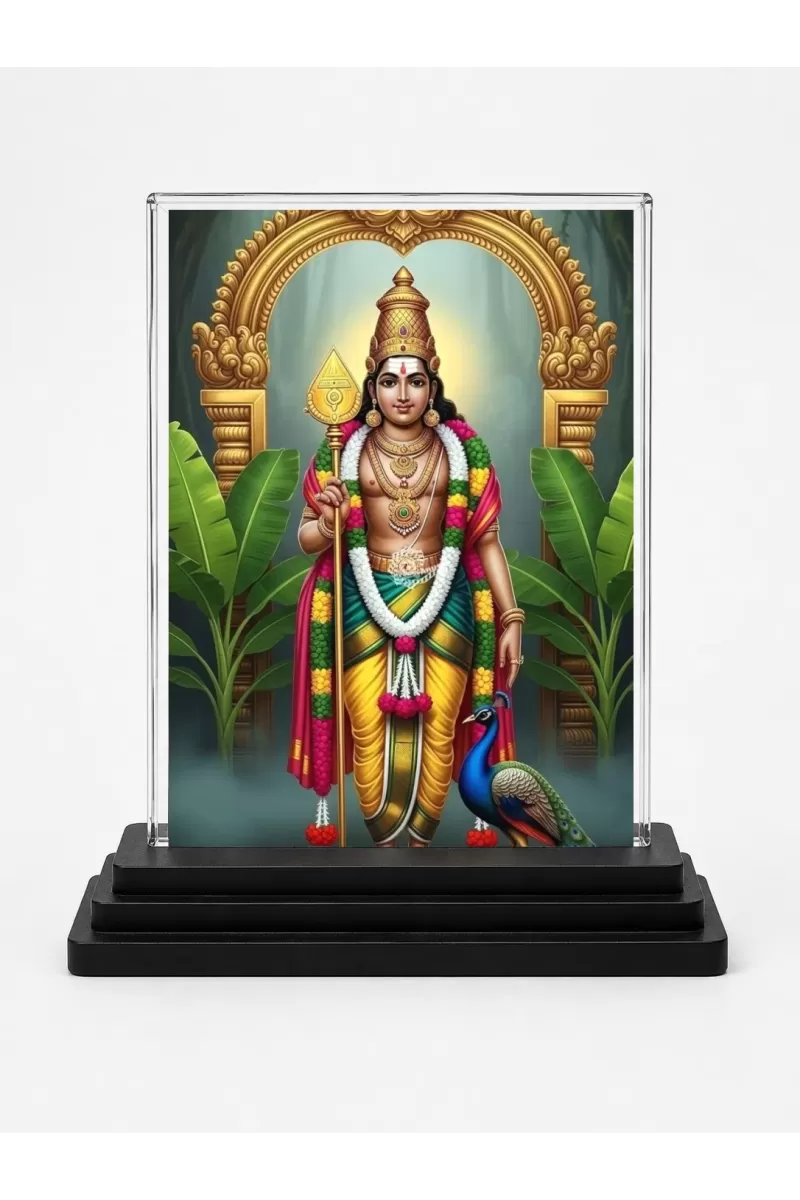 Murugan Acrylic Car Dashboard Showpiece | Double-Sided Murugan Photo Stand | 3 X 4 Inch Photo | Transparent Acrylic Frame With Black Base | Car Dashboard, Office & Table Decor (F71969)