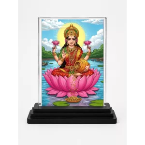 Lakshmi Acrylic Car Dashboard Showpiece | Double-Sided Lakshmi Photo Stand | 3 X 4 Inch Photo | Transparent Acrylic Frame With Black Base | Car Dashboard, Office & Table Decor (F71972)