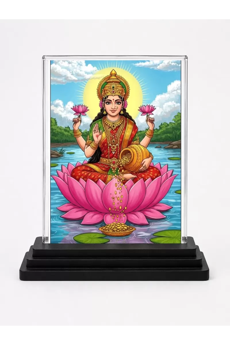 Lakshmi Acrylic Car Dashboard Showpiece | Double-Sided Lakshmi Photo Stand | 3 X 4 Inch Photo | Transparent Acrylic Frame With Black Base | Car Dashboard, Office & Table Decor (F71972)