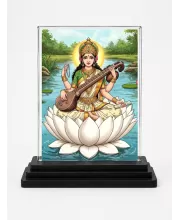 Saraswati Acrylic Car Dashboard Showpiece | Double-Sided Saraswati Photo Stand | 3 X 4 Inch Photo | Transparent Acrylic Frame With Black Base | Car Dashboard, Office & Table Decor (F71974)