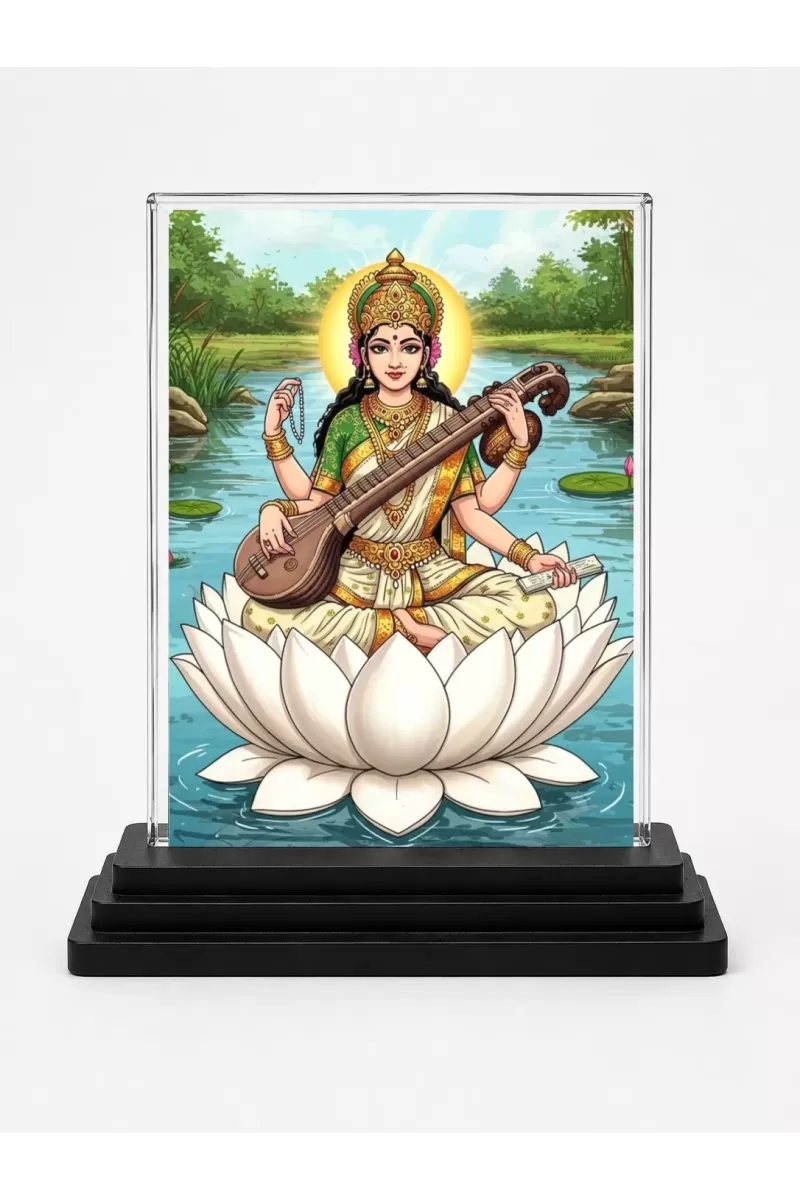 Saraswati Acrylic Car Dashboard Showpiece | Double-Sided Saraswati Photo Stand | 3 X 4 Inch Photo | Transparent Acrylic Frame With Black Base | Car Dashboard, Office & Table Decor (F71974)